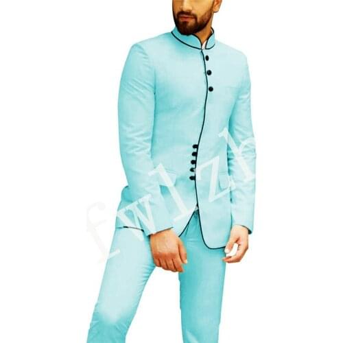 Handsome Groomsmen Mandarin Lapel Groom Tuxedos Wedding Dress Men Suits Blazer Prom Dinner (Jacket+Pants+Tie) K597