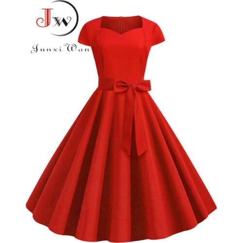 Summer Vintage Dress Robe Femme Women Solid Red Black Square Collar Retro Rockabilly Party Dresses Belt Vestidos Plus Size