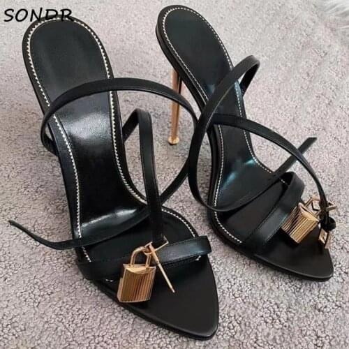 Fashion Metal Lock High Heels Woman Sandals Summer Designer Ankle Strap Wedding Femme Sandals 2021 Sexy Ladies Party Shoes Women