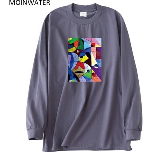 MOINWATER New Women Cotton Long Sleeve T shirts Lady Thick Abstract Print Dark Grey Tees Female Fashion Tops MLT2133