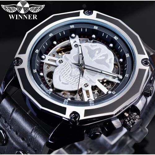 Winner Black Genuine Leather Belt Steampunk Skull Men Sport Automatic Skeleton Mechanical Wristwatch Top Brand Luxury Male Clock