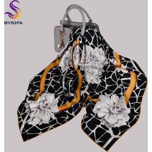 BYSIFA|Black Gold 100% Silk Ladies Square Scarves Shawls New Floral Design Elegant Scarf Cape Fashion Brand Women Scarves Hijabs
