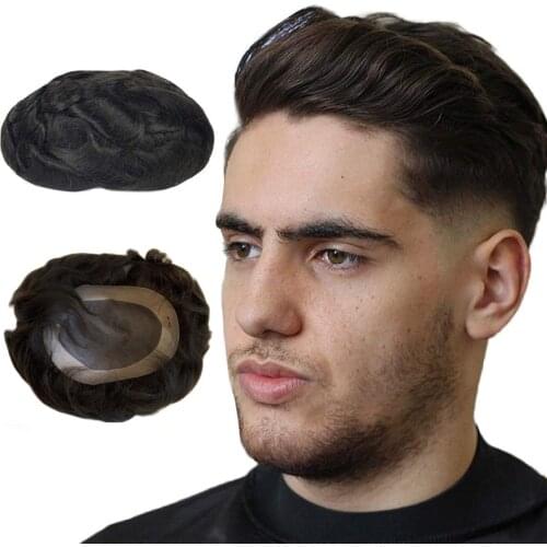 Mono Base Real Human Hair Wig Toupee Replacement System Unit Men Toupee Durable 120% Density Man Wig Natural Hair