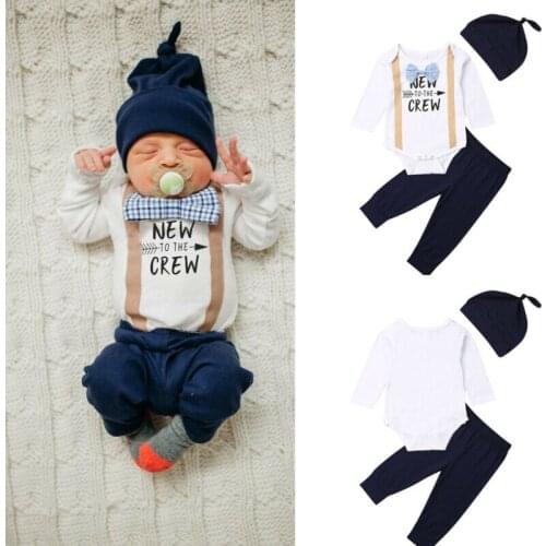 Pudcoco Newborn Baby Boys Clothes 3pcs 2019 New To The Crew Romper+Leggings Pants+Hat Cotton Casual Outfits Set