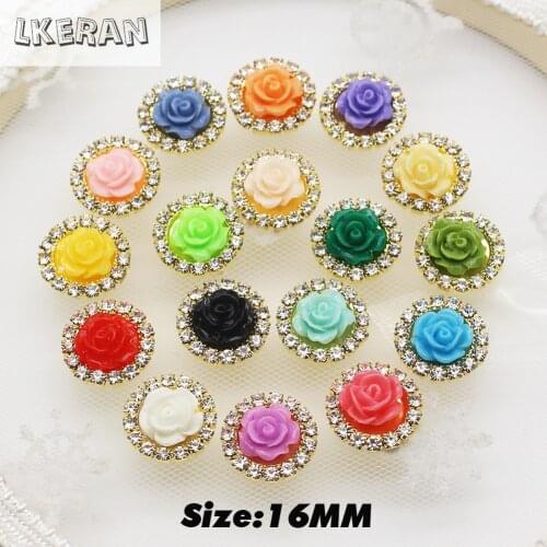 NEW 10PCS Gold Resin Rose 16MM Flat Rhinestone Metal Buttons Crafts For Diy Flatback Embellishments Dress Decoration Accessories
