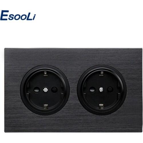 Esooli Luxurious Black Aluminum Panel 16A Double EU Standard Wall Power Socket Grounded With Child Protective Lock 146 Type