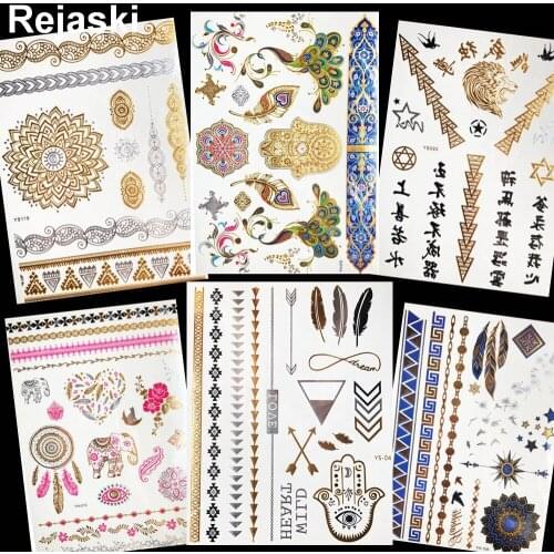 Henna Mandala Flower Hamsa Gold Metal Temporary Tattoo Girl Hands Feather Chains Tattoo Stickers Women Arm Flash Tatoo Peacock
