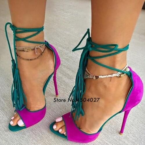 Chic Fuchsia Suede Fringe Sandals Concise High Heels Lace-up Tassel Shoes Women Cross Tied Dress Pumps