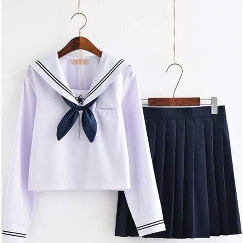 New School Uniforms For Girl White Blouse Navy Pleated Skirt Sakura Embroidered Student Suit Long Sleeve Japanese Jk Sailor suit