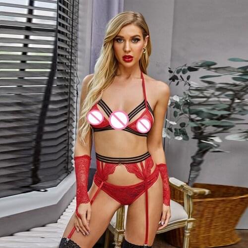 2021 Sexy Lingerie Perspective Lace Sleeve Three-Point Porn Pajamas Female Temptation Suit Hot Sale Appealing Erotic Clothing