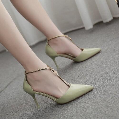 Thin High Heels Sexy Ladies Shoes Woman Pumps 2020 New Summer Pointed Toe T-trap Solid Leather Zip Casual Women Shoes Sandals