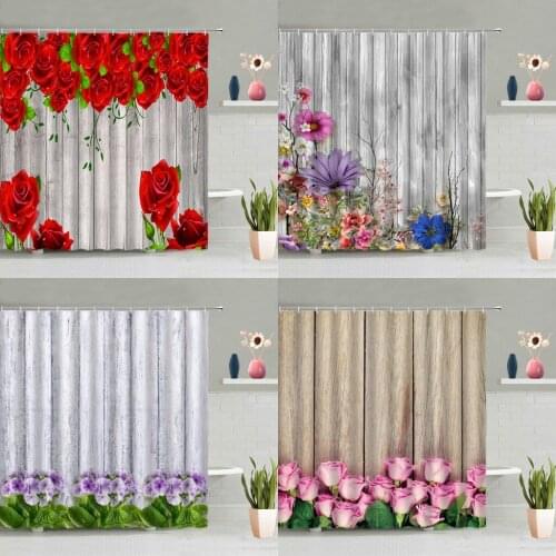 Retro Vintage Wooden Board Flowers Shower Curtain Sets Sunflower Floral Red Pink Rose Butterfly Bathtub Decor Screen Washable