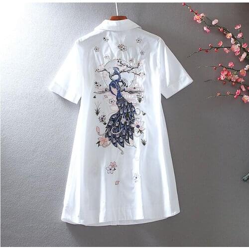 Womens Spring summer short sleeve peacock embroidery cotton Shirt Female Vintage National Loose Casual long Shirt Blouse TB845