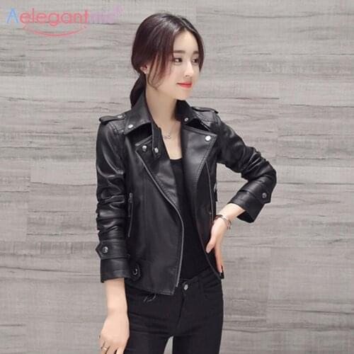 Aelegantmis Autumn Winter New Soft Short Pu Leather Jacket Women Zipper Motorcycle Faux Leather Jacket Lady Casual Leather Coat
