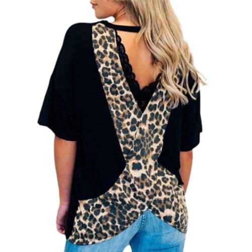 Womens Summer Sexy T-shirt Casual Half Sleeve Leopard Patchwork Loose Round Neck Female T Shirt White Black Tshirt Tee Tops