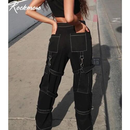 Rockmore High Waist Black Cargo Pants Women Plus Size Ribbon Streetwear Punk Wide Leg Pants Gothic Pockets Streetwear Joggers