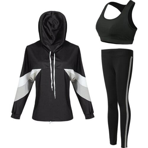 Fitness Women Yoga Set 3 in 1 Set Yoga Bra Black Sport Pants Batwing-Sleeved Hoodie Gym Clothes Sport Wear Running Outdoor Jog