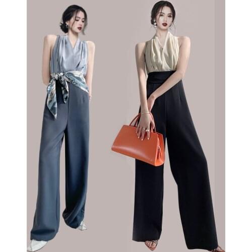 Elegant Jumpsuit Woman Summer Outfit Halter Sleeveless Stitching Straight High Waist Rompers Playsuits Female Overalls