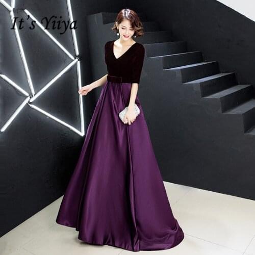 Its Yiiya Evening Gown V-neck Velvet Satin Elegant Evening Dresses Long 2020 Half Sleeve Plus Size Special Occasion Dress K246