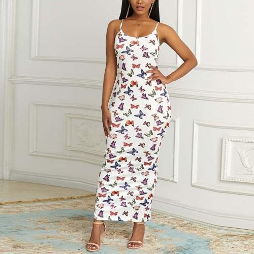 MISSJOY Women Dress Vintage Sleeveless Slash-neck Butterfly Print Maxi Dress Party Sexy Backless Bodycon Long Pencil Dresses