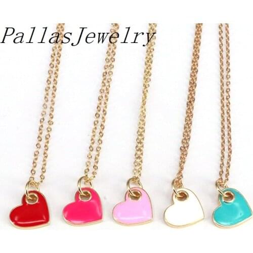 10Pcs, New Fashion Red White Blue Tiny Heart Dainty Necklace Gold Color Chain Choker Necklace For Women Drop oil Pendant Jewelry