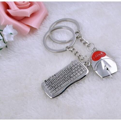 2PCS Computer Keyboard Mouse Cute Silver Metal Couples Lover New Charm Key Ring Chain Keyfob Creative Personality Birthday Gift