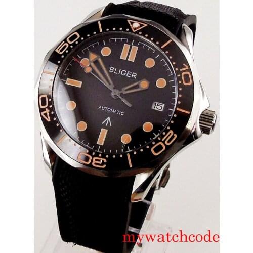 41mm Bliger Automatic Men Watch 24 Jewels NH35A MIYOTA 8215 Movement Black Dial Orange Marks Auto Date