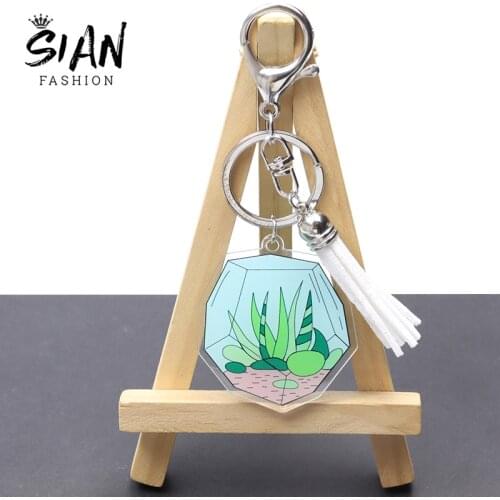 Potted Plant Pattern Acrylic Tassel Keychain Terrarium Cactus Aloe Keyring Green Plant Key Holder Bag Pendant Unisex Accessories