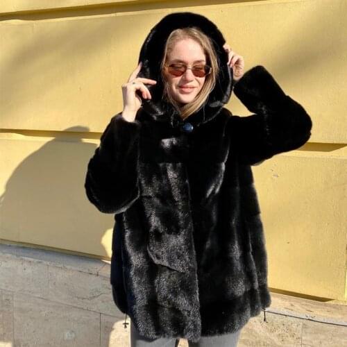 Black Natural Mink Fur Jacket with Hood Medium Length Women Natural Full Pelt Mink Fur Coat Outwear High Quality Fur Overcoats