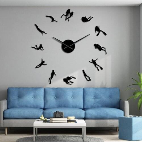 Diver Diy Giant Wall Clock Freedivers Acrylic Big Clock Water Sport Room Decor Quiet Sweep Quartz Clock Watch Diving Lover Gift