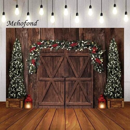 Mehofon Photography Background Winter Christmas Vintage Wood Wall Barn Door Pine Tree Kid Holiday Portrait Backdrop Photo Studio