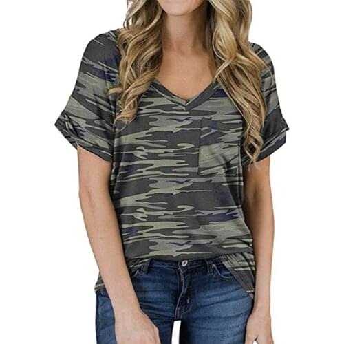Short Sleeve T-shirt Women Camouflage Print Tshirts Summer New Leisure Top Tees Female V-Neck Casual T-shirts Femme 2021