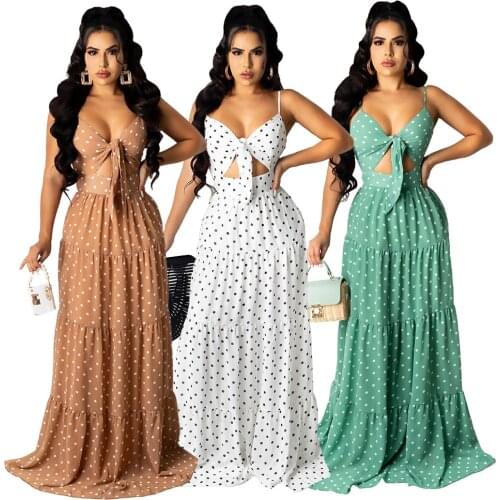 Summer Hot Style European Sexy Females Dress Floor-Sweeping Light Fashion Polka Dot Full Print Digital Print Dress HN032