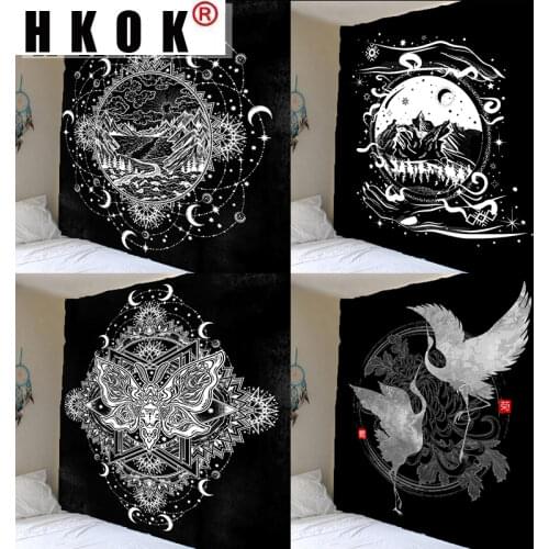 HKOK Sun Moon Star Tapestry Wall Hanging Chinese Flying Crane Flower Tapestries Wall Art Cloth Carpet Background Home Decor