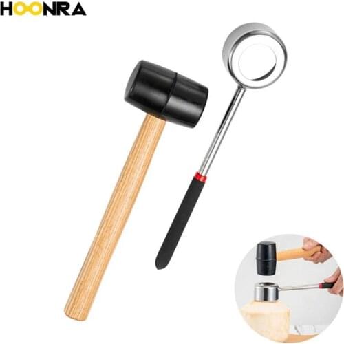 HOONRA 2Pcs/set Stainless Steel Coconut Shell Opener Coconut Meat Tool With Wooden Handle Rubber Hammer Fruit Opener Tools
