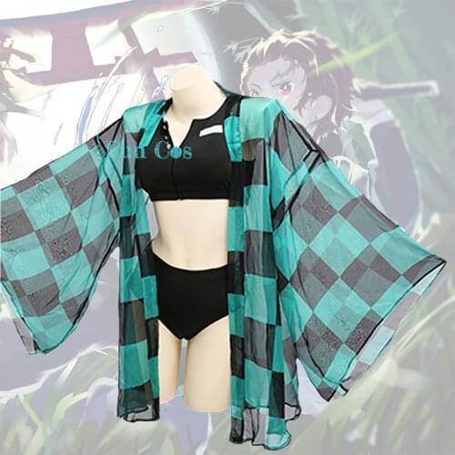 Anime Demon Slayer Green Swimsuit Kamado Tanjirou Cosplay Costume Kimetsu No Yaiba Train Mugen Bikini Swimsuit Swimwear Woman