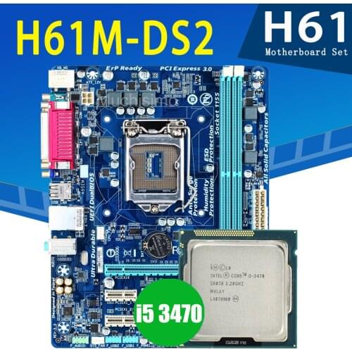 LGA 1155 Gigabyte H61M-DS2 Motherboard with Intel Core i5 3470 Motherboard set 3.2GHz 4-Core DDR3 16GB PC Intel H61 Placa-mãe