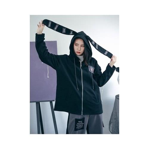 New Spring Autumn Harajuku Kawaii Black Rabbit Ear Hooded Coat Girl Loose Long Sleeve Fashion Cute Cool Girl Coat