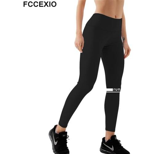FCCEXIO New Arrival Women Plus Size Leggings Solid Black High Waist Comfortable Breathe Freely Fitness Stretch Leggings