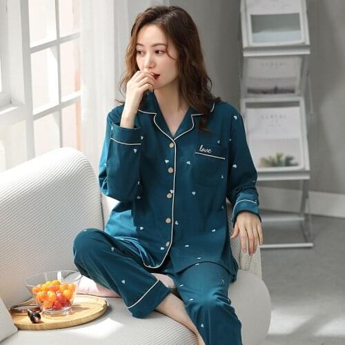 Autumn Winter Long-sleeved Cardigan Cotton Simple Natural Pajamas Ladies Sweet Love Casual Home Wear Love Suit Women Set 2 Piece