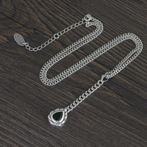 FNJ Heart Pendant Necklace 925 Silver 60cm Fine Vintage Original S925 Silver Women Necklaces for Jewelry Making Green Zircon