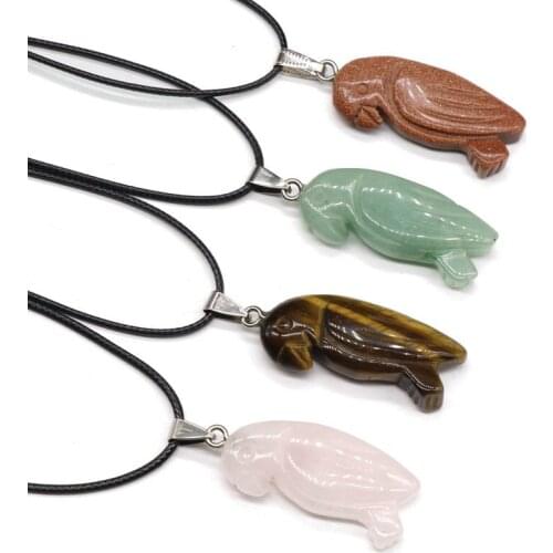 Natural Crystal Carved Bird Pendant Necklace Mens and Womens Jewellery Black Leather Rope Chain Jewelry Accessories