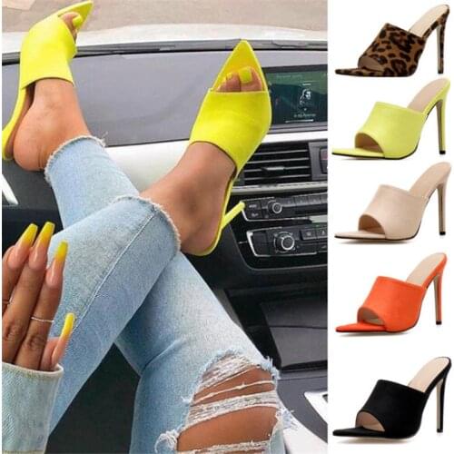 Pointed Toe High Heel Slippers High Heel Slippers Sandals Woman Shoes Sandalias Candy Orange Blue Black Yellow 2020 Summer New