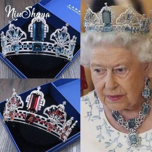 NiuShuya Sparkling Blue/Red/Clear Hair Tiaras Crowns European British Royal Zircon Brides Wedding Headband Hair Accessories