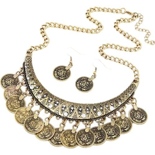 Women\s Vintage Coin Style Choker Necklace Hook Earrings Statement Jewelry Set