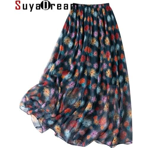 SuyaDream A-Line Long Skirt Woman 2021 Spring Summer Beach Style Print Dark Blue Skirt