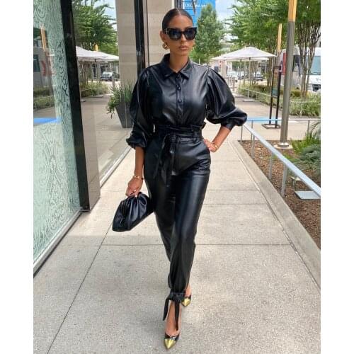 FNOCE 2020 winter new womens faux leather sets high street fashion elegant solid long sleeve loose coats slim pants 2-pc sets