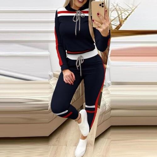 2021 Spring Striped Colorblock Casual Long Sleeve Hooded Sweatshirt Drawstring Pants Two Piece Set Women Jogger Sports Tracksuit