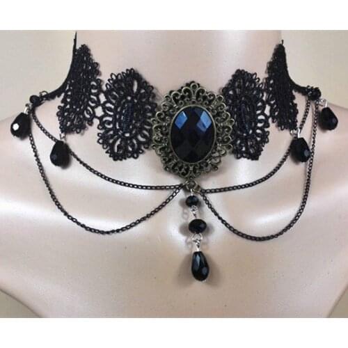 Multi--Debutante Europe And America Black Retro Gothic Crystal Tassels Lace Necklace Queen Choker