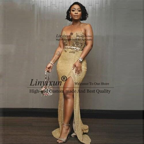 Sparkly Gold Sequin Prom Dresses 2021 Mermaid Long Sexy Split African Evening Dress Illusion Neckline Beaded vestidos Party Gown